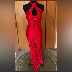Used KILLSTAR AFTER HOURS CATSUIT Halter Flared Medium Goth Pinup Disco Scarlet